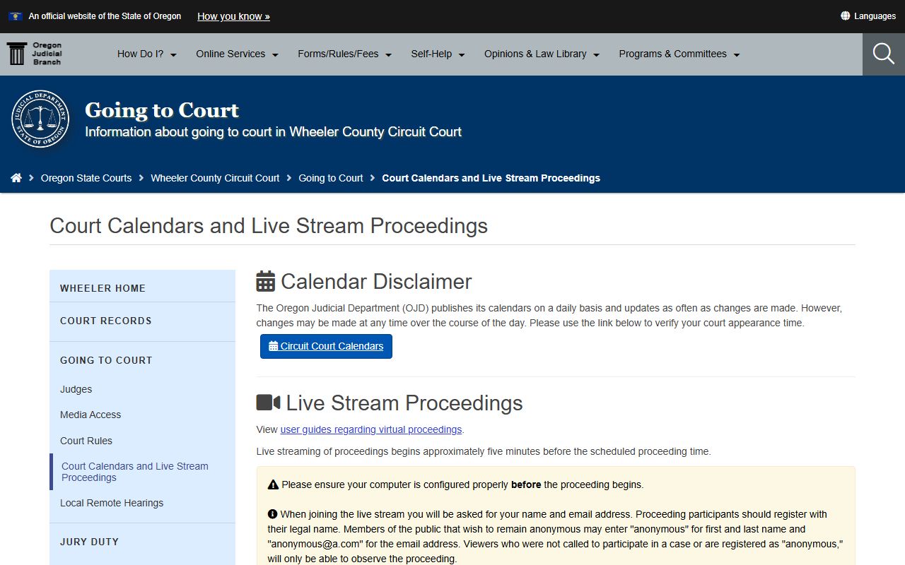 Wheeler County court dockets calendar page through OJD