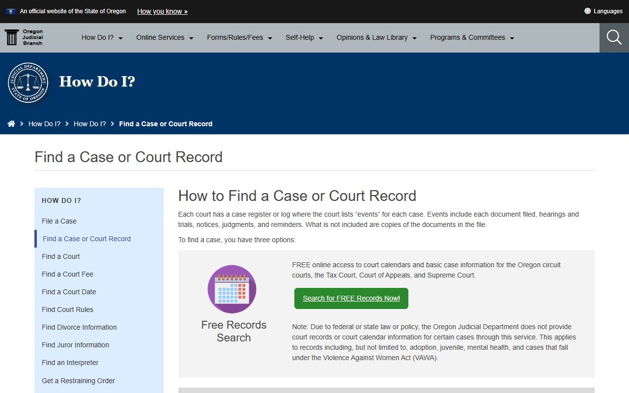 Wheeler County court records options through OJD Find a Case or Court Record