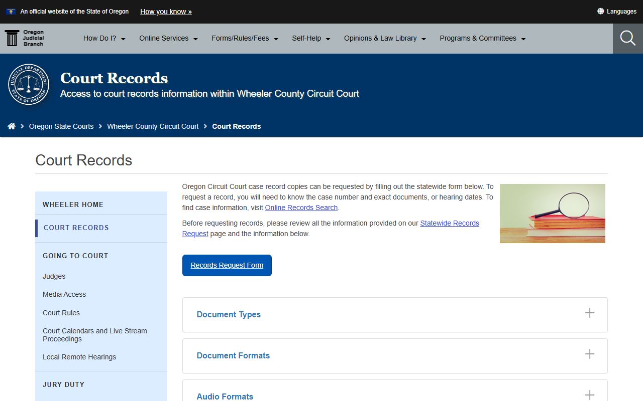Wheeler County court records page for Circuit Court requests