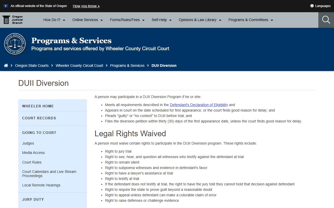 Wheeler County criminal court records DUII diversion page