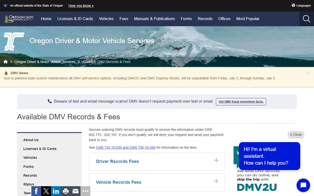 Wheeler County traffic court records Oregon DMV available records and fees