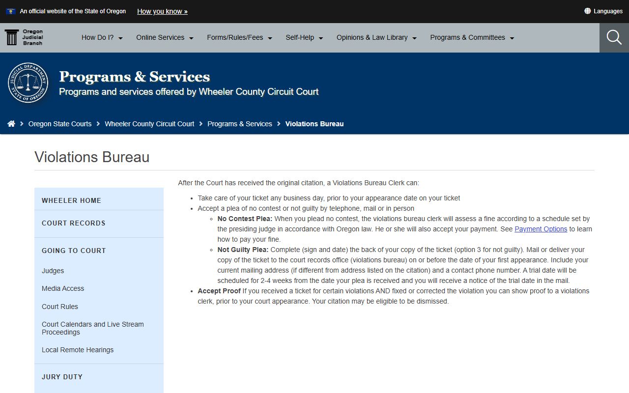 Wheeler County traffic court records Violations Bureau procedures
